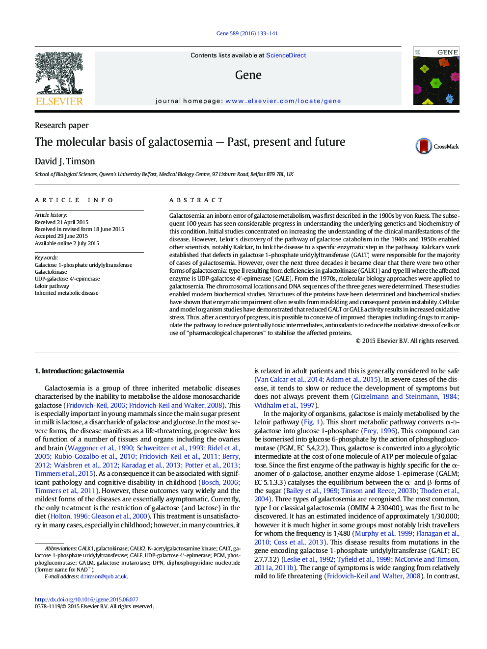 Research paperThe molecular basis of galactosemia - Past, present and future