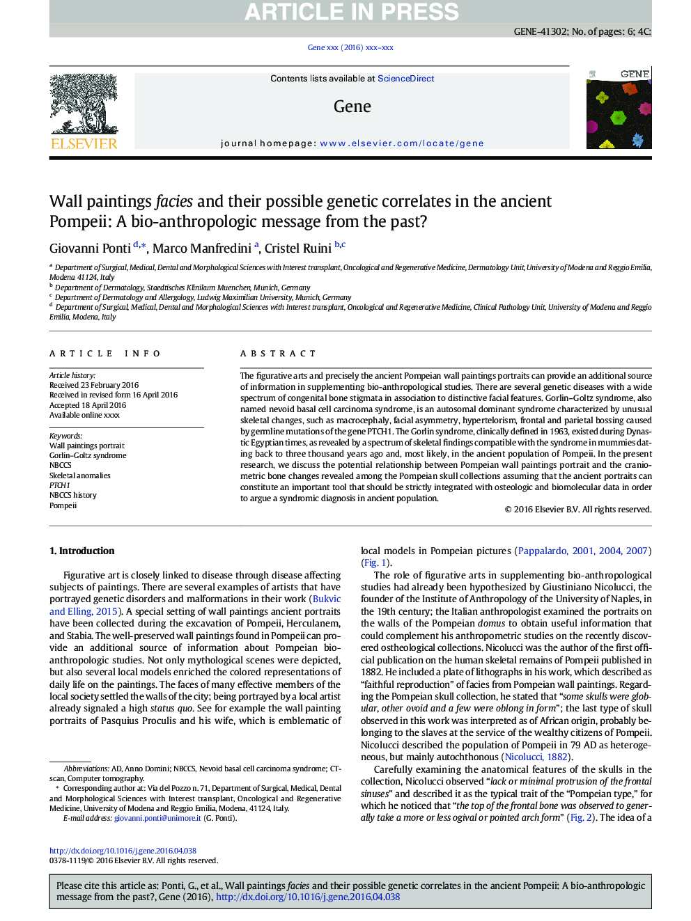 Wall paintings facies and their possible genetic correlates in the ancient Pompeii: A bio-anthropologic message from the past?