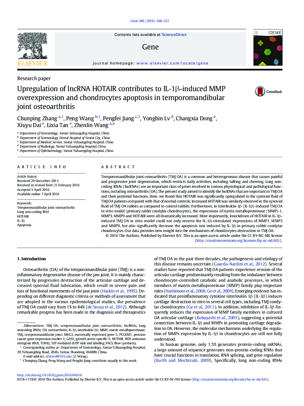 Upregulation of lncRNA HOTAIR contributes to IL-1β-induced MMP overexpression and chondrocytes apoptosis in temporomandibular joint osteoarthritis