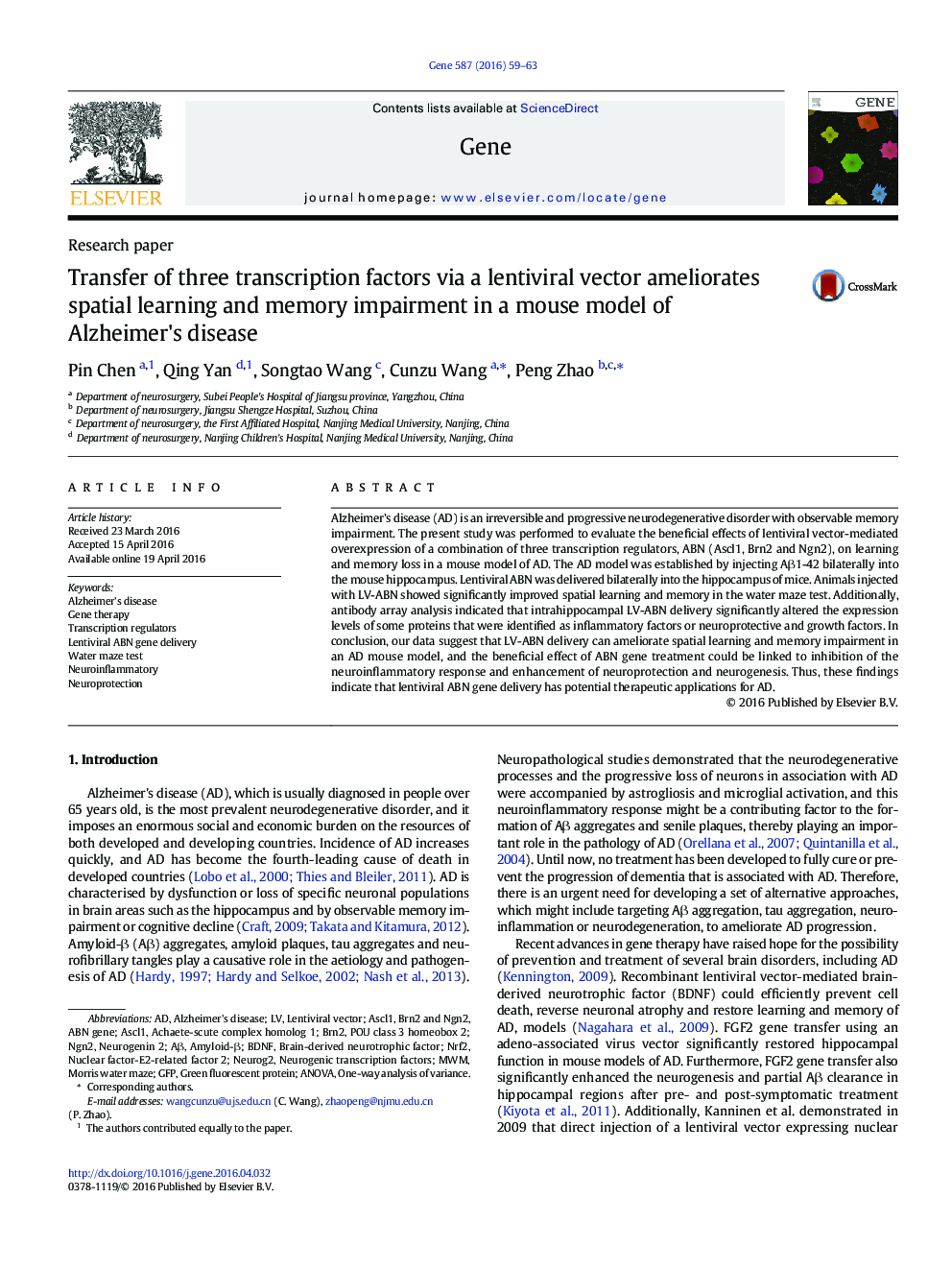 Transfer of three transcription factors via a lentiviral vector ameliorates spatial learning and memory impairment in a mouse model of Alzheimer's disease