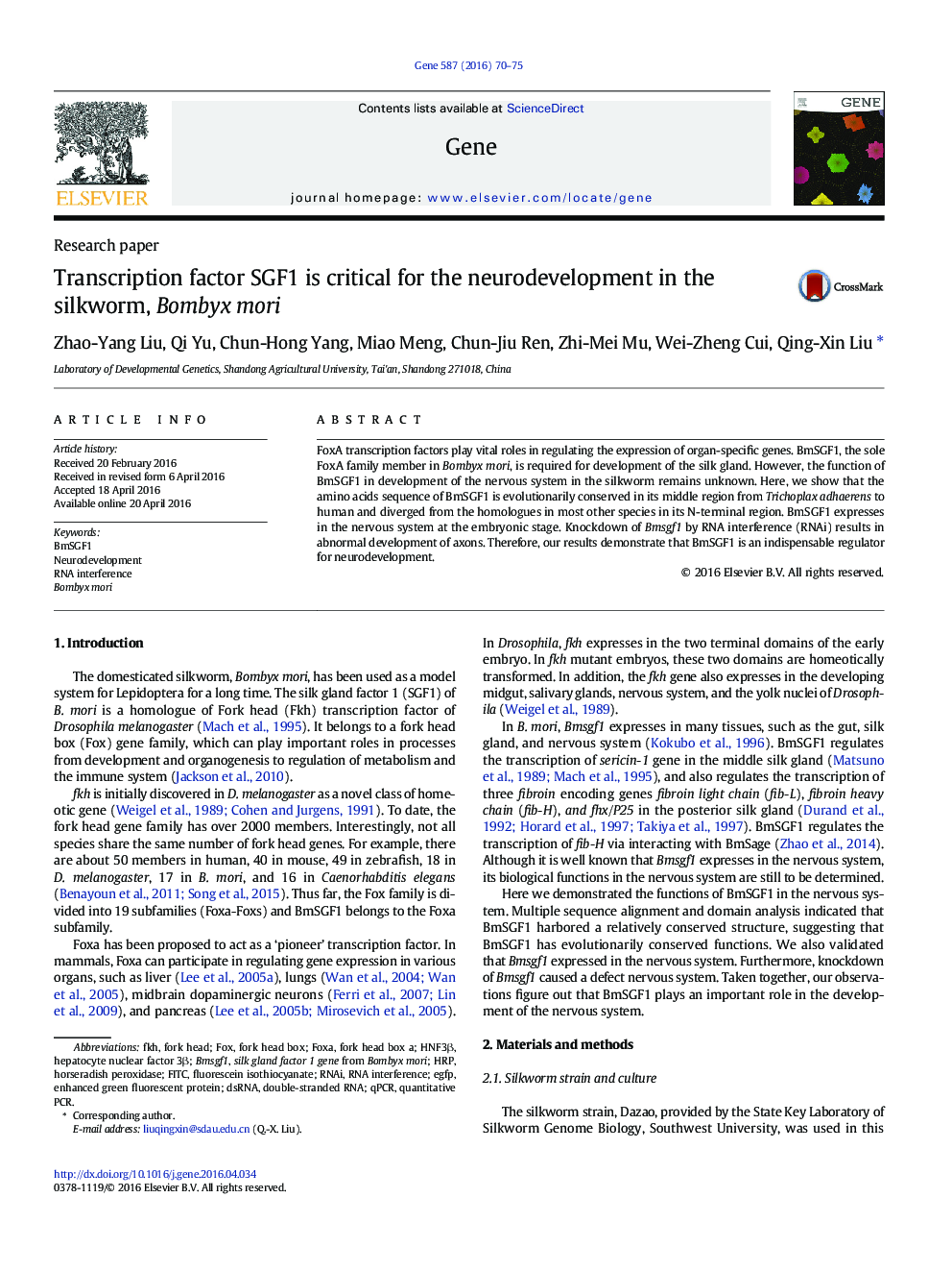عکس صفحه اول مقاله: Transcription factor SGF1 is critical for the neurodevelopment in the silkworm, Bombyx mori Transcription factor SGF1 is critical for the neurodevelopment in the silkworm, Bombyx mori