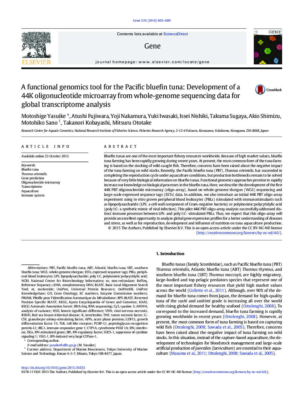 A functional genomics tool for the Pacific bluefin tuna: Development of a 44K oligonucleotide microarray from whole-genome sequencing data for global transcriptome analysis