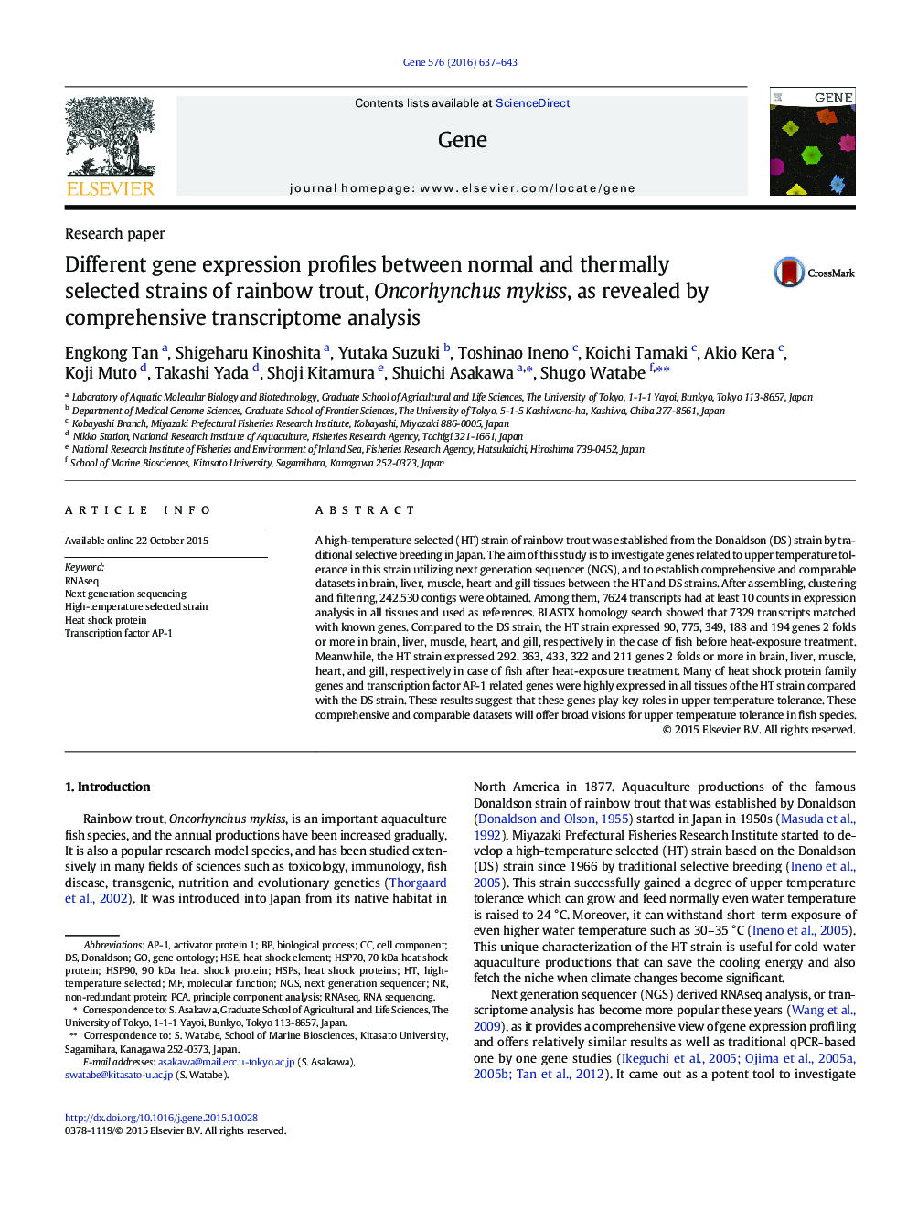 Different gene expression profiles between normal and thermally selected strains of rainbow trout, Oncorhynchus mykiss, as revealed by comprehensive transcriptome analysis