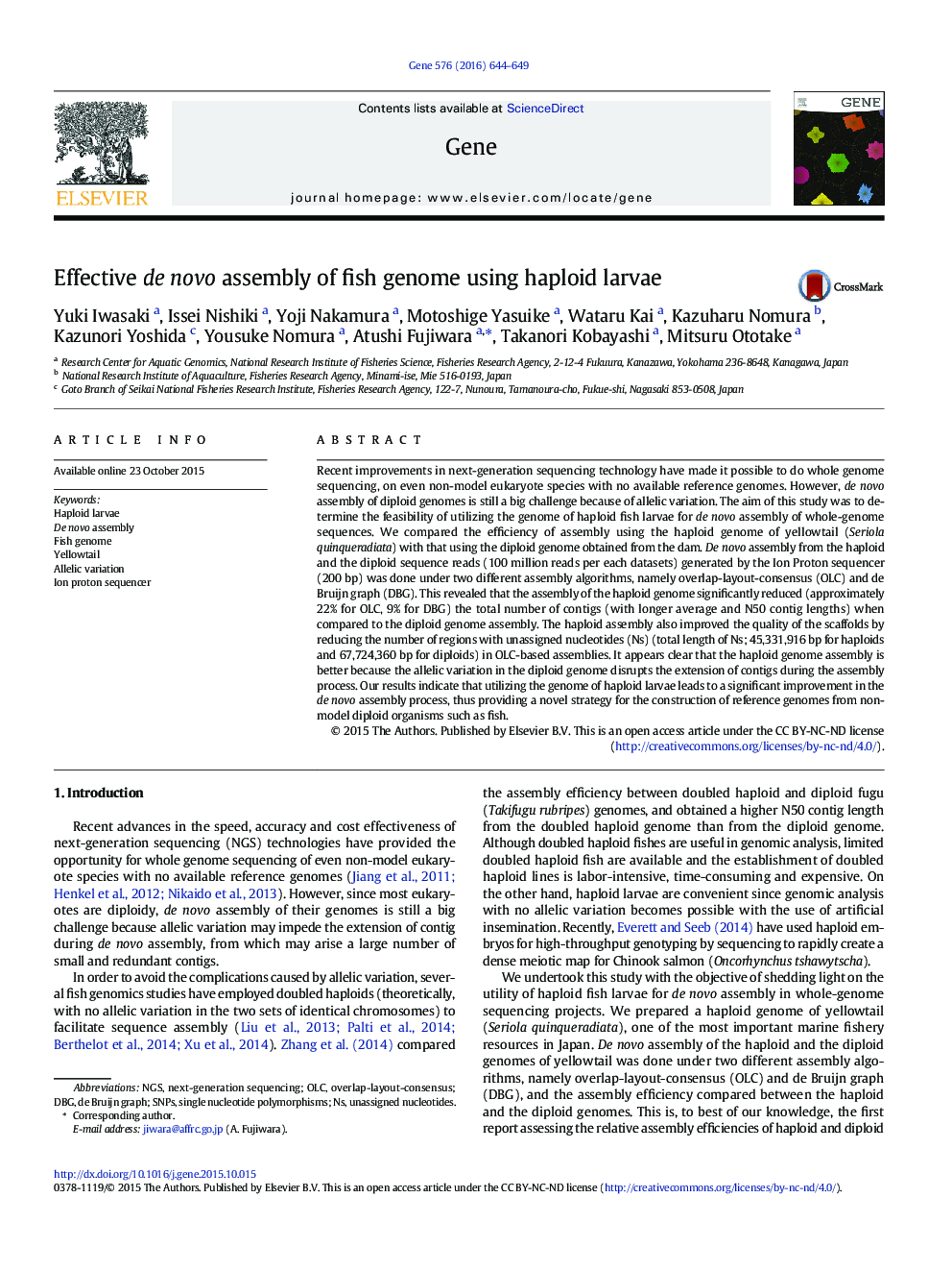 Effective de novo assembly of fish genome using haploid larvae