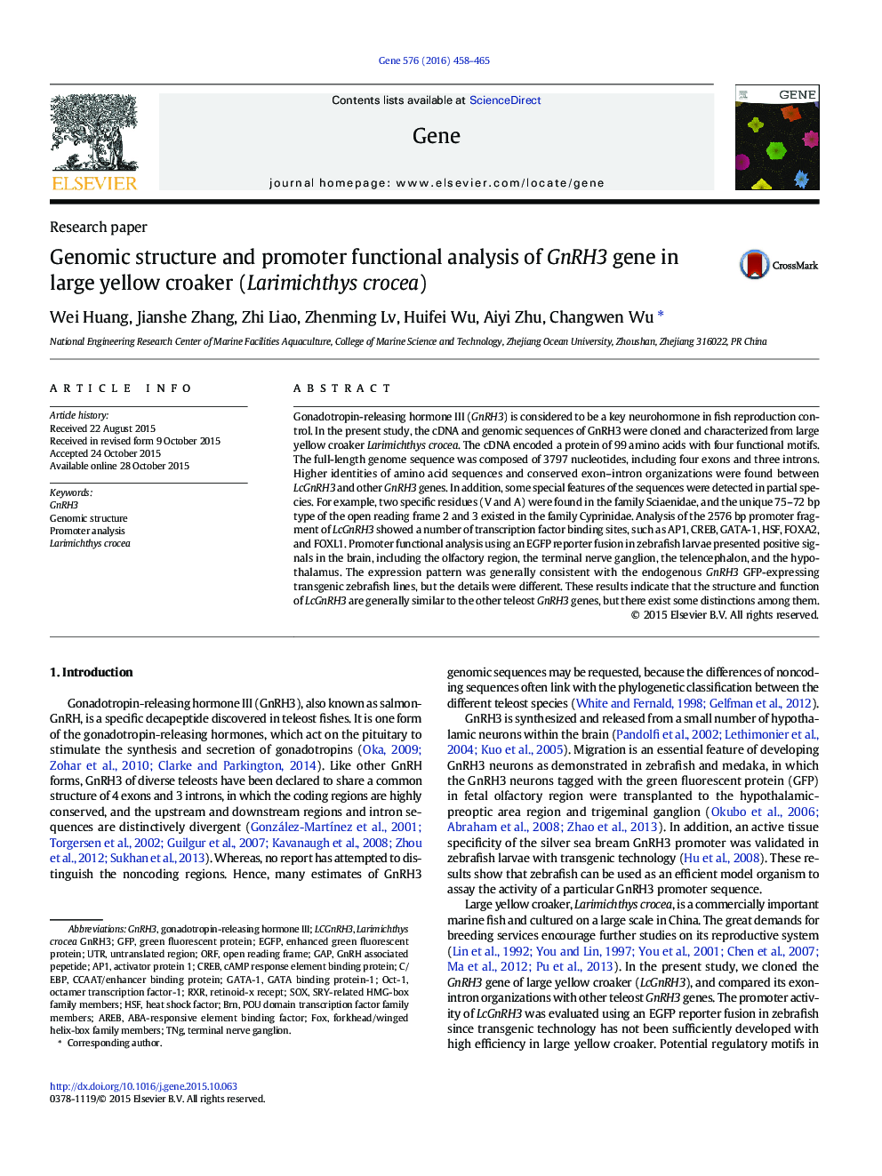 Research paperGenomic structure and promoter functional analysis of GnRH3 gene in large yellow croaker (Larimichthys crocea)