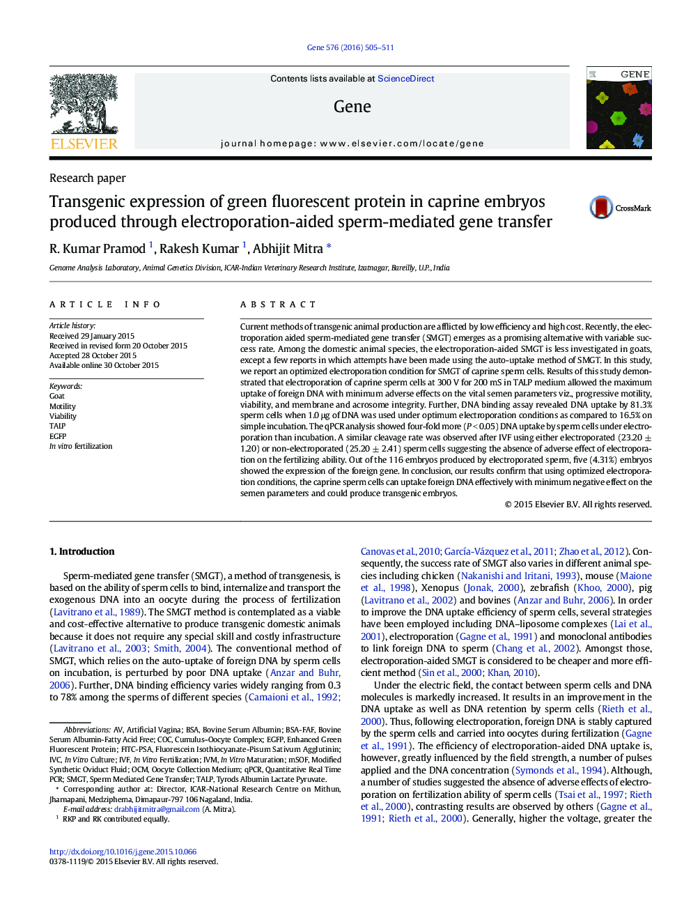 Transgenic expression of green fluorescent protein in caprine embryos produced through electroporation-aided sperm-mediated gene transfer