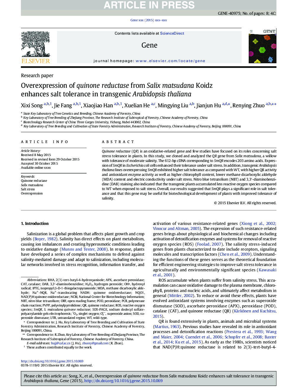 Overexpression of quinone reductase from Salix matsudana Koidz enhances salt tolerance in transgenic Arabidopsis thaliana