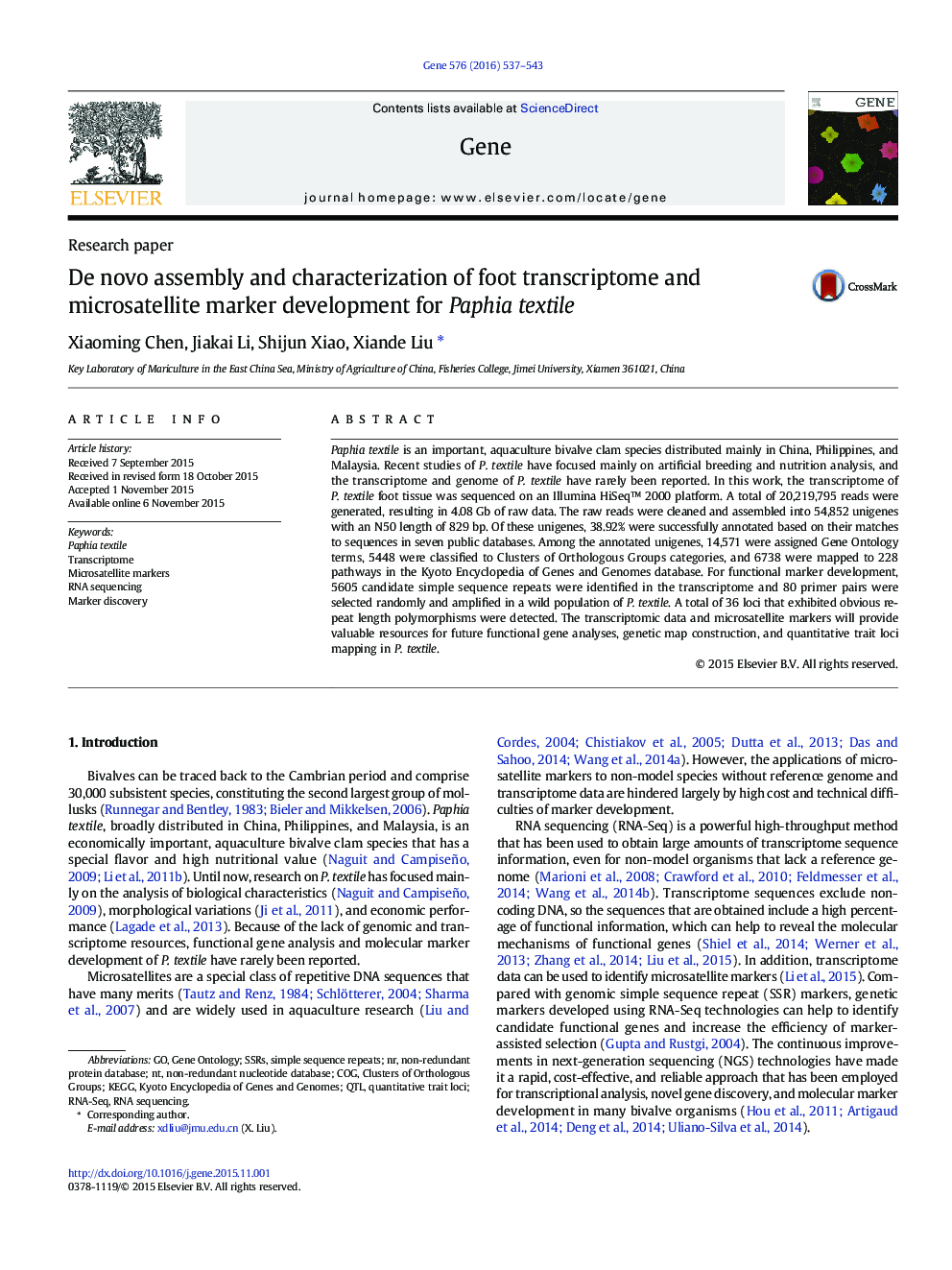 عکس صفحه اول مقاله: De novo assembly and characterization of foot transcriptome and microsatellite marker development for Paphia textile De novo assembly and characterization of foot transcriptome and microsatellite marker development for Paphia textile