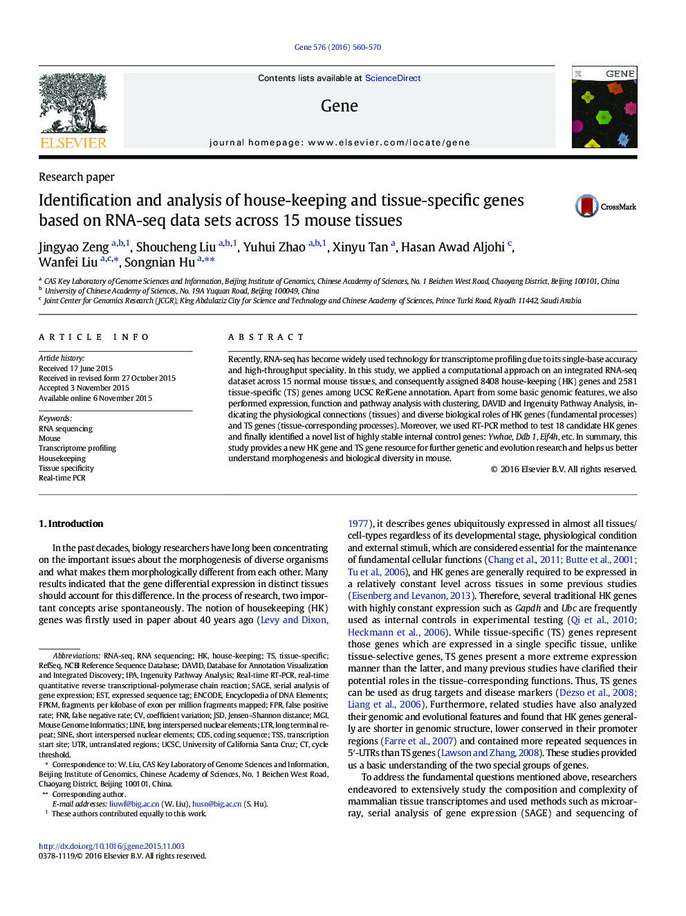 Identification and analysis of house-keeping and tissue-specific genes based on RNA-seq data sets across 15 mouse tissues