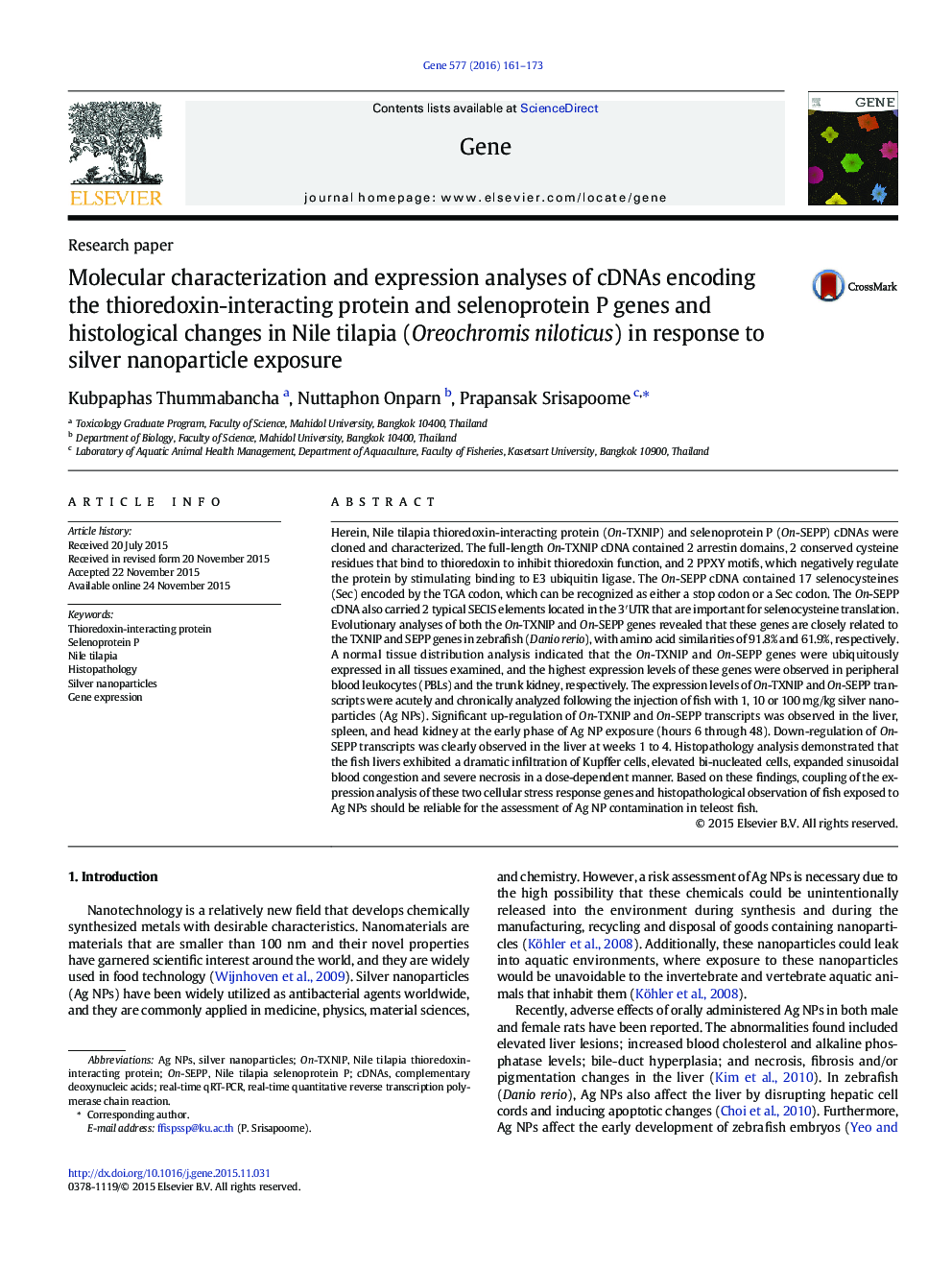 Molecular characterization and expression analyses of cDNAs encoding the thioredoxin-interacting protein and selenoprotein P genes and histological changes in Nile tilapia (Oreochromis niloticus) in response to silver nanoparticle exposure