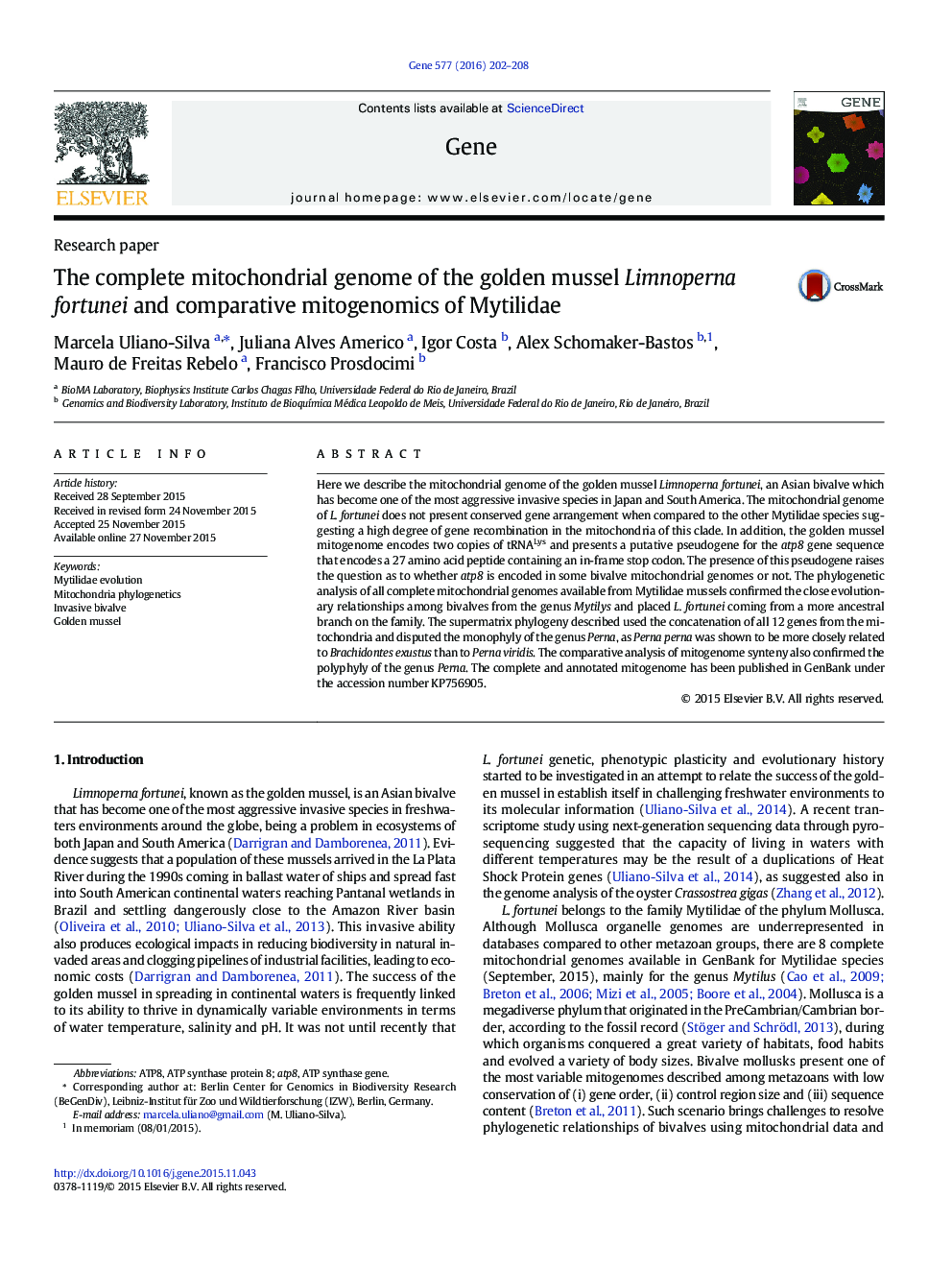 Research paperThe complete mitochondrial genome of the golden mussel Limnoperna fortunei and comparative mitogenomics of Mytilidae