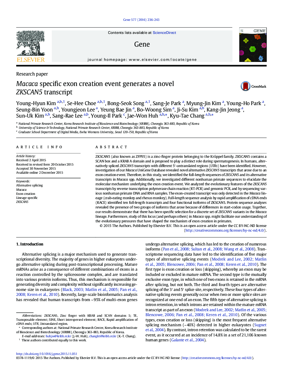 Research paperMacaca specific exon creation event generates a novel ZKSCAN5 transcript