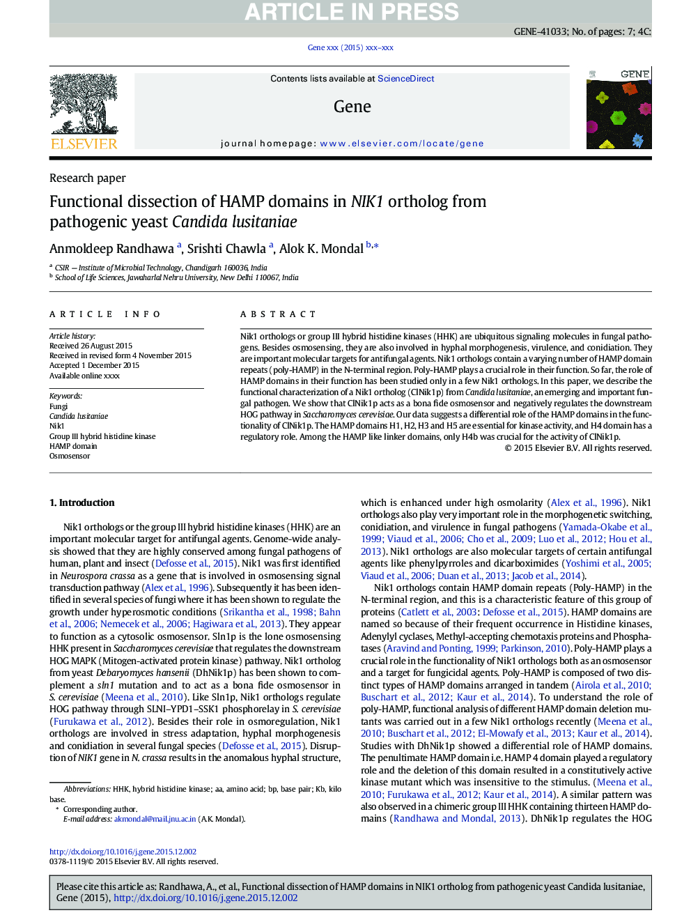 عکس صفحه اول مقاله: Functional dissection of HAMP domains in NIK1 ortholog from pathogenic yeast Candida lusitaniae Functional dissection of HAMP domains in NIK1 ortholog from pathogenic yeast Candida lusitaniae