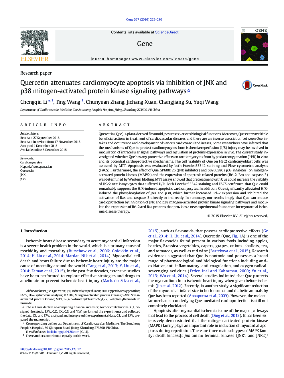 Quercetin attenuates cardiomyocyte apoptosis via inhibition of JNK and p38 mitogen-activated protein kinase signaling pathways