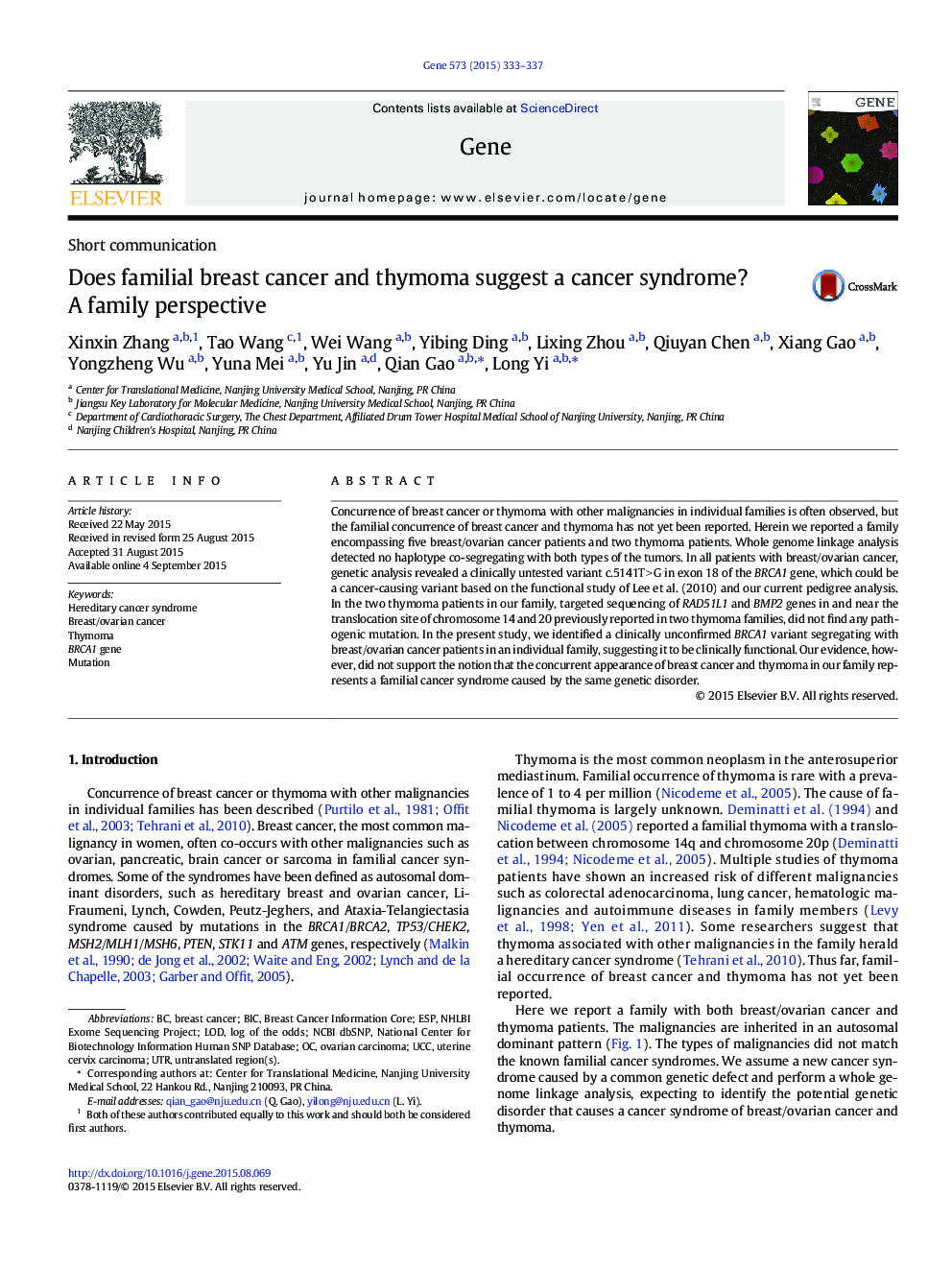 Does familial breast cancer and thymoma suggest a cancer syndrome? A family perspective