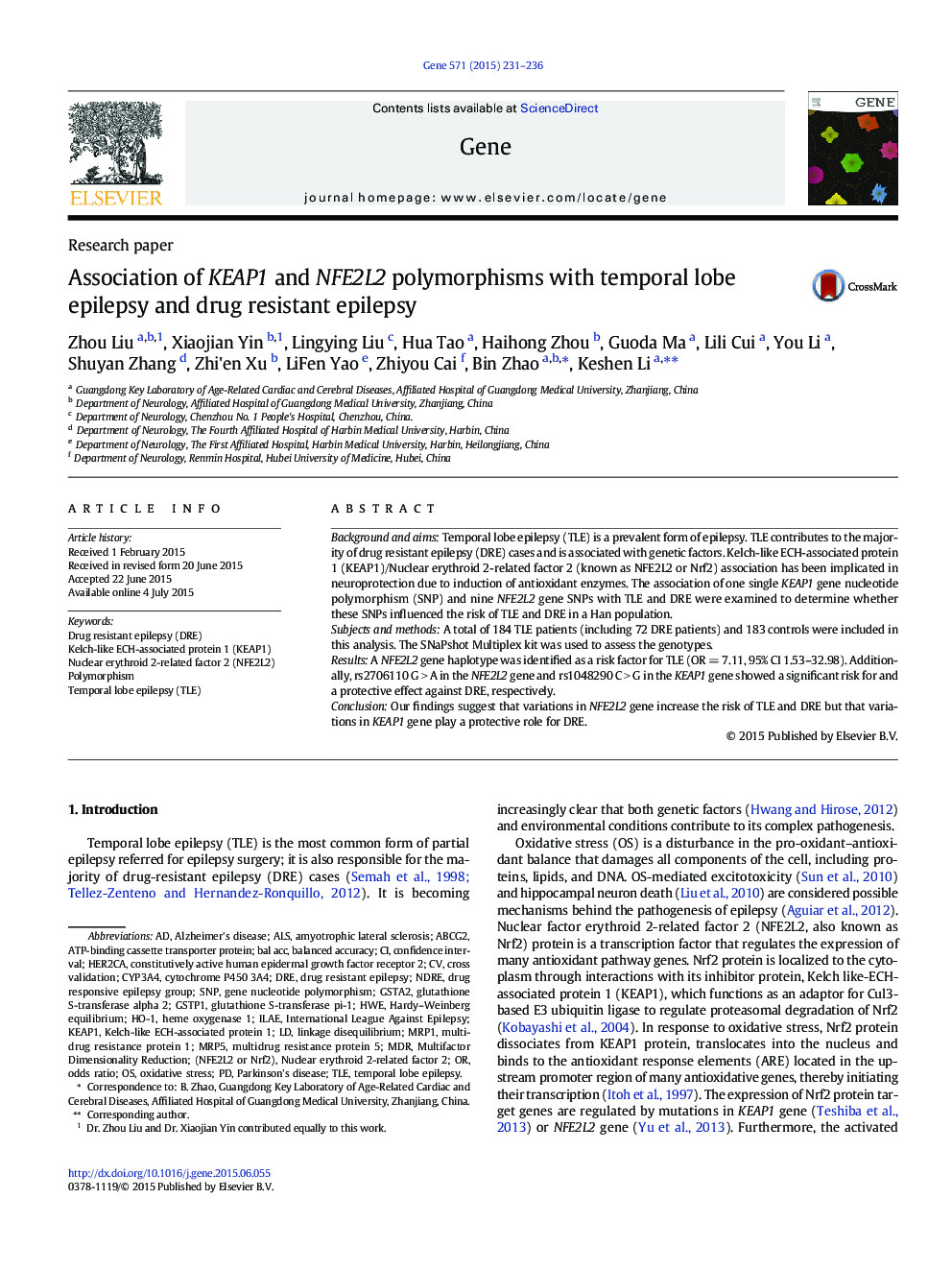 Association of KEAP1 and NFE2L2 polymorphisms with temporal lobe epilepsy and drug resistant epilepsy