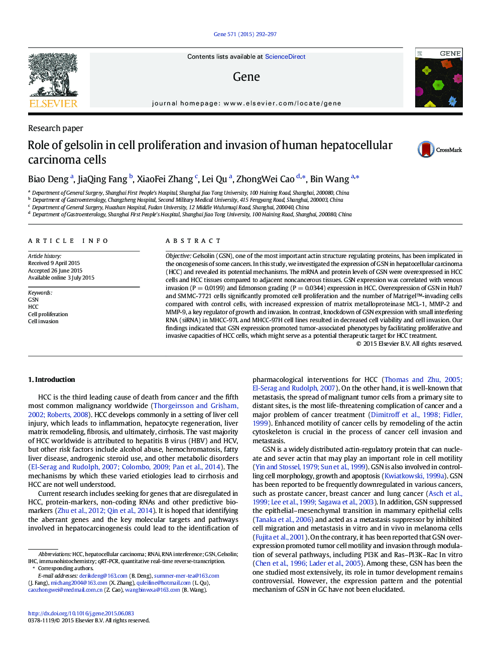 Research paperRole of gelsolin in cell proliferation and invasion of human hepatocellular carcinoma cells