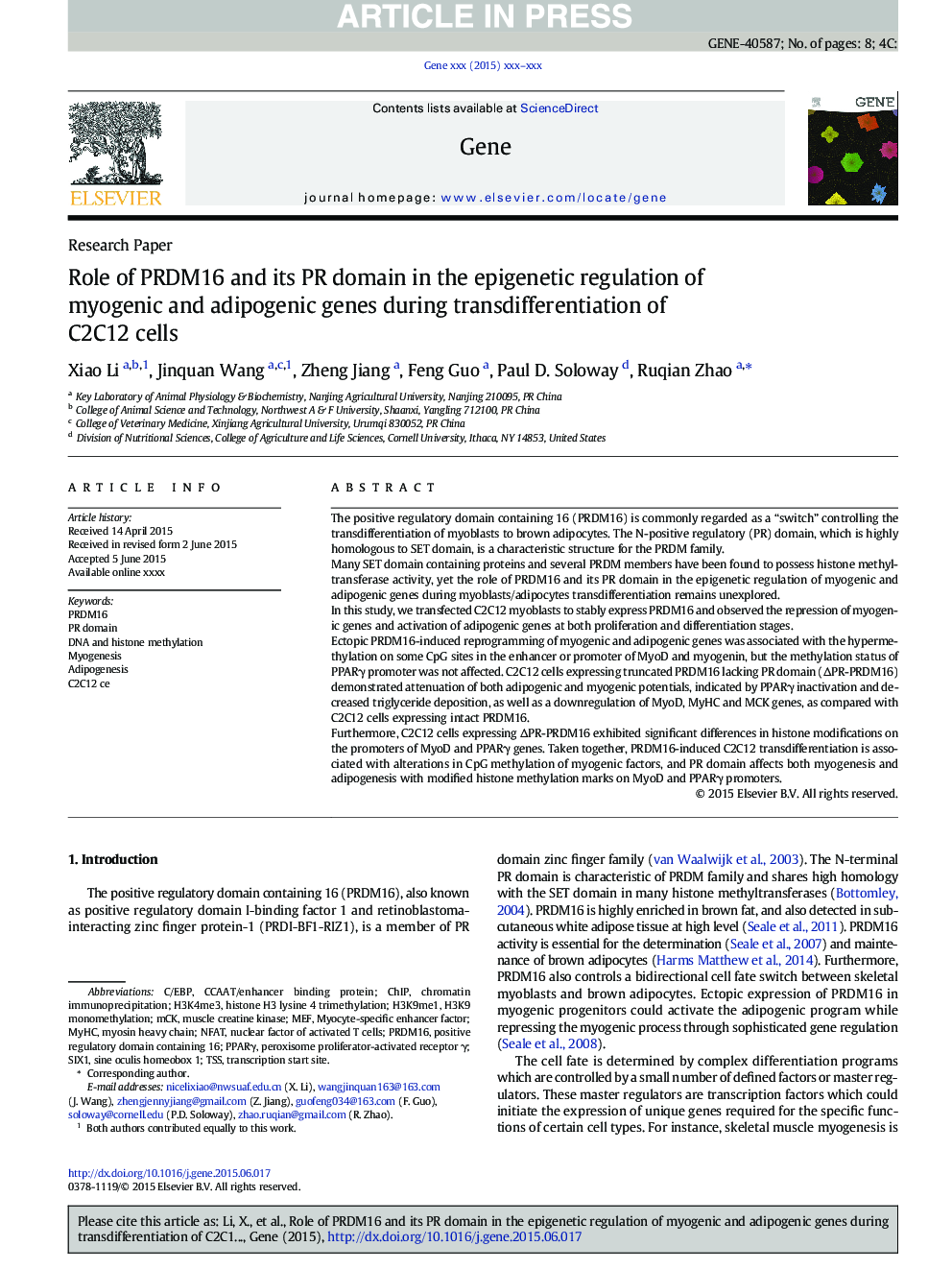 Role of PRDM16 and its PR domain in the epigenetic regulation of myogenic and adipogenic genes during transdifferentiation of C2C12 cells