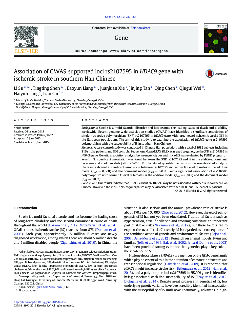 Association of GWAS-supported loci rs2107595 in HDAC9 gene with ischemic stroke in southern Han Chinese