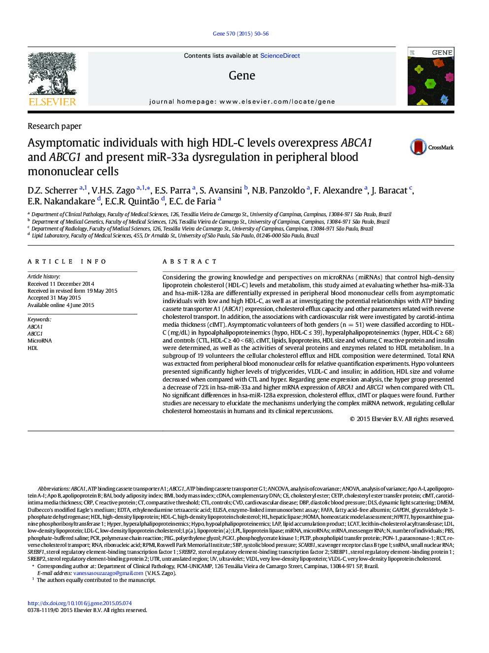 Asymptomatic individuals with high HDL-C levels overexpress ABCA1 and ABCG1 and present miR-33a dysregulation in peripheral blood mononuclear cells