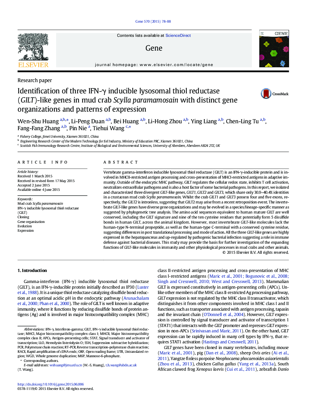 Identification of three IFN-Î³ inducible lysosomal thiol reductase (GILT)-like genes in mud crab Scylla paramamosain with distinct gene organizations and patterns of expression