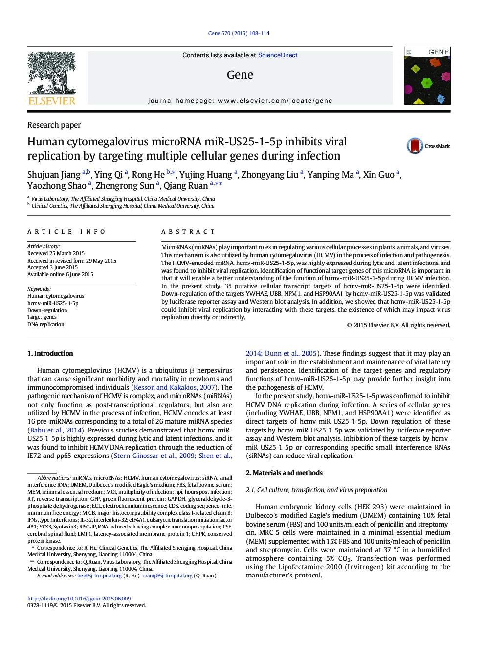 Research paperHuman cytomegalovirus microRNA miR-US25-1-5p inhibits viral replication by targeting multiple cellular genes during infection