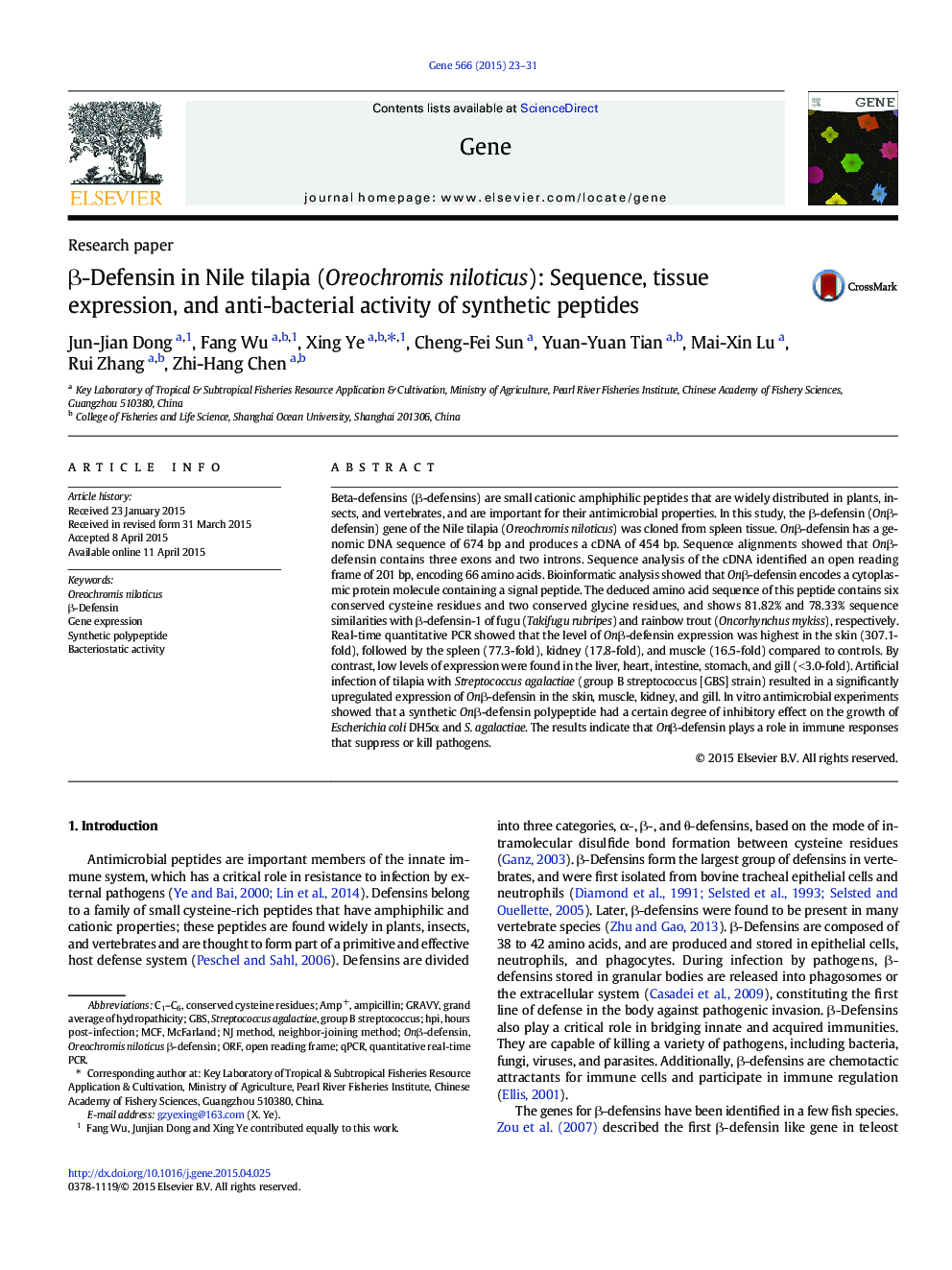 Research paperÎ²-Defensin in Nile tilapia (Oreochromis niloticus): Sequence, tissue expression, and anti-bacterial activity of synthetic peptides