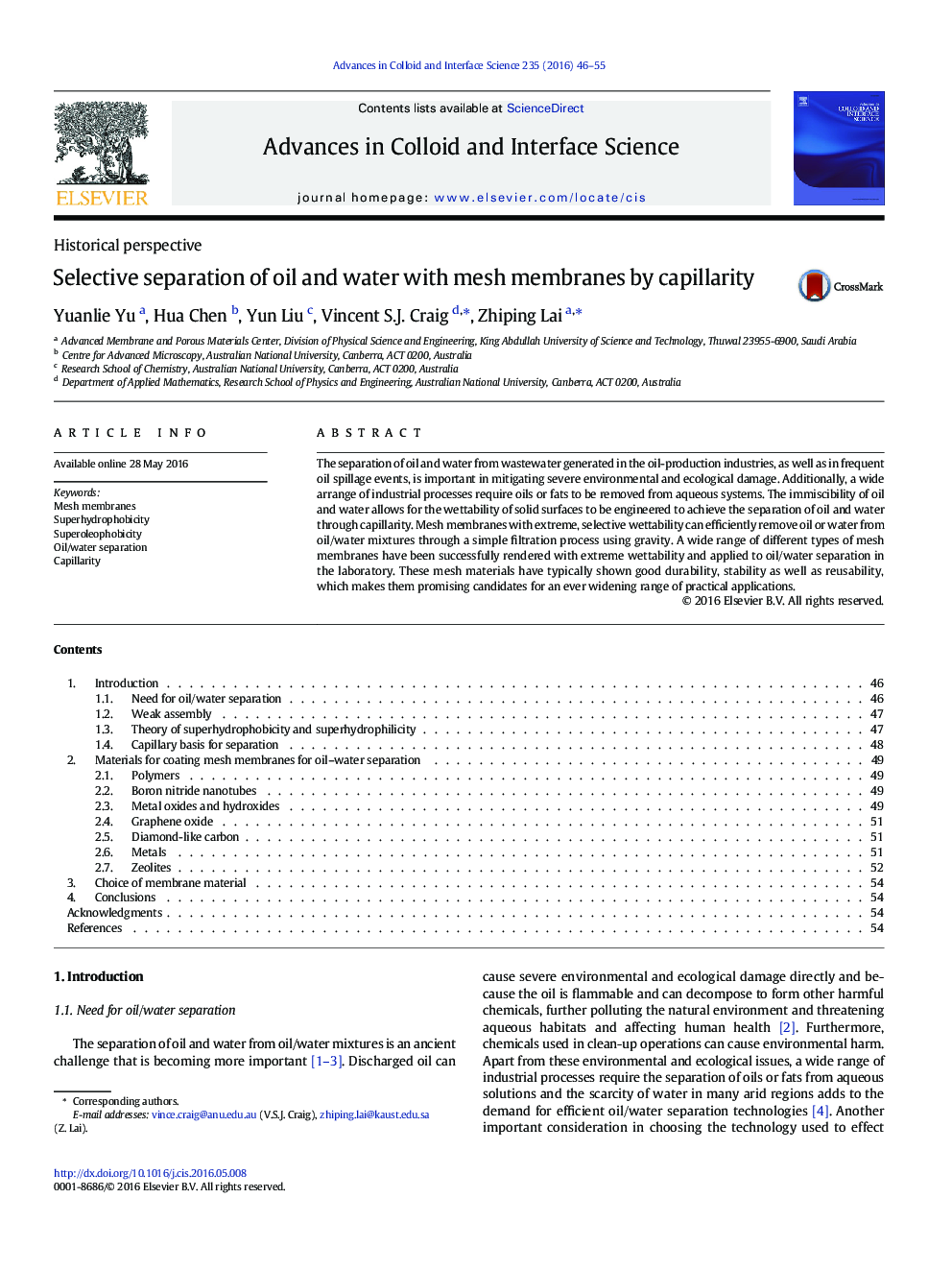 Selective separation of oil and water with mesh membranes by capillarity