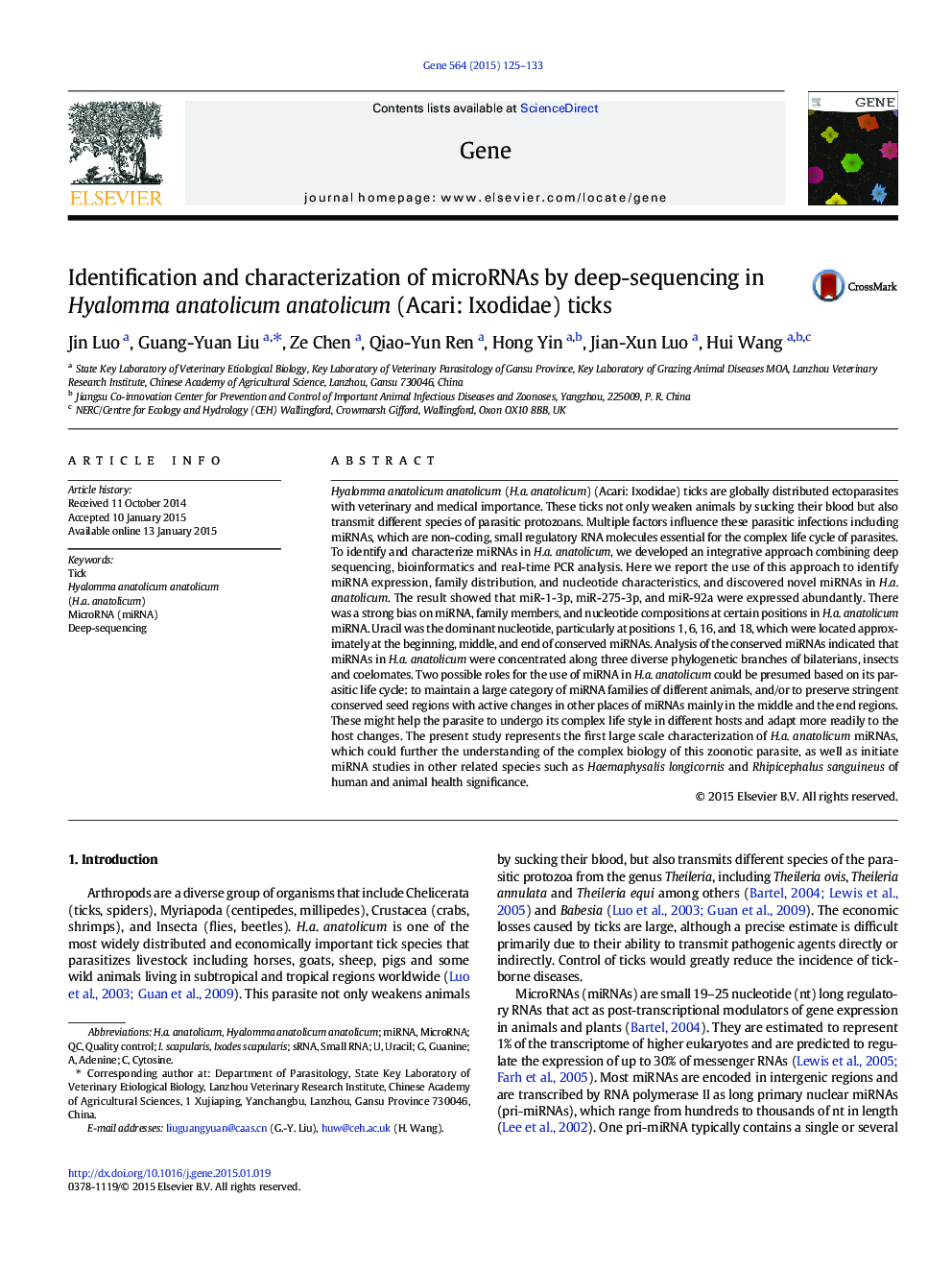 Identification and characterization of microRNAs by deep-sequencing in Hyalomma anatolicum anatolicum (Acari: Ixodidae) ticks