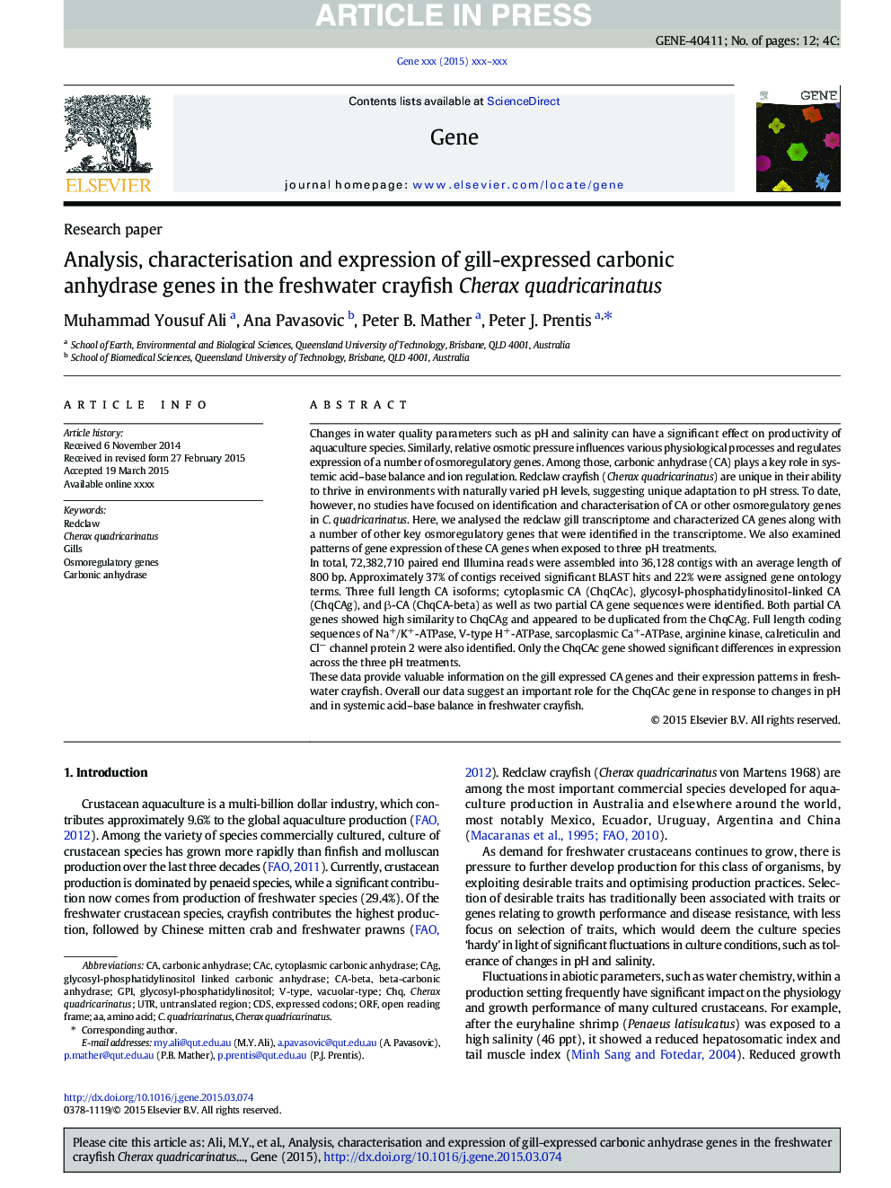 Analysis, characterisation and expression of gill-expressed carbonic anhydrase genes in the freshwater crayfish Cherax quadricarinatus