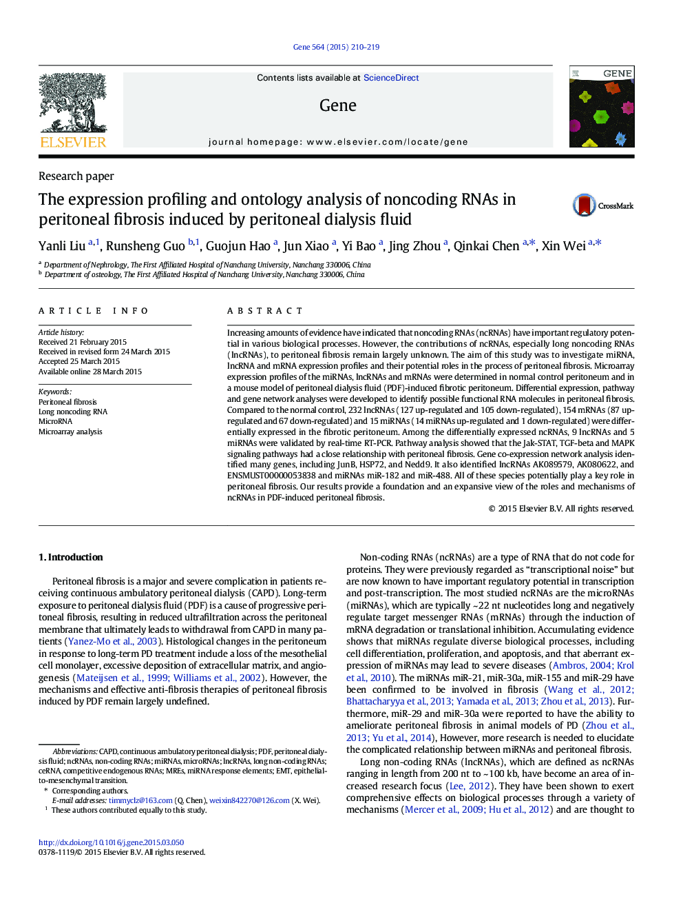 The expression profiling and ontology analysis of noncoding RNAs in peritoneal fibrosis induced by peritoneal dialysis fluid