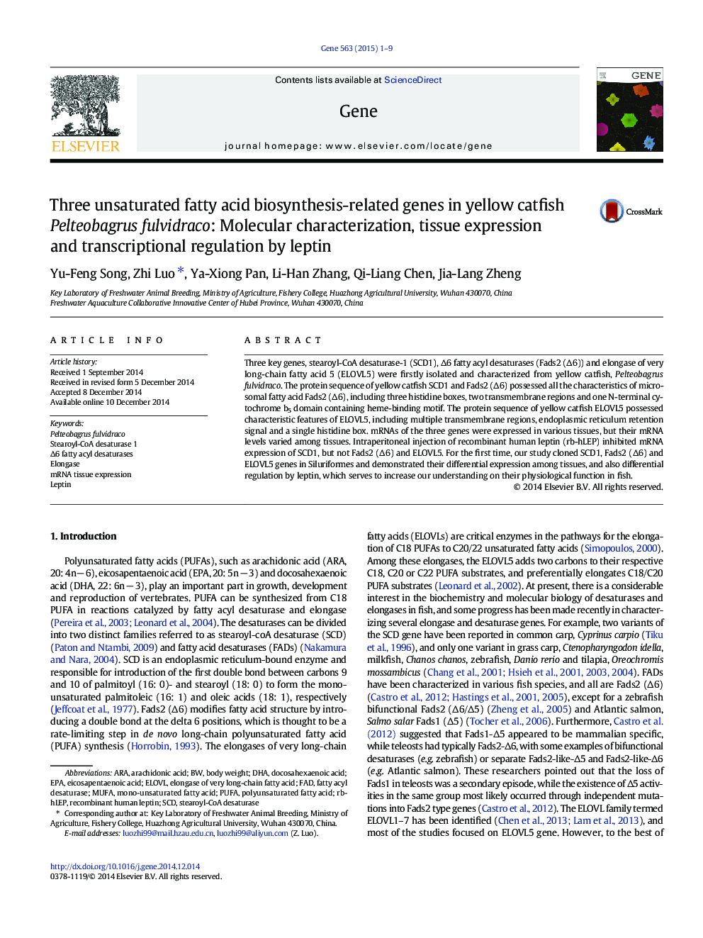 Three unsaturated fatty acid biosynthesis-related genes in yellow catfish Pelteobagrus fulvidraco: Molecular characterization, tissue expression and transcriptional regulation by leptin