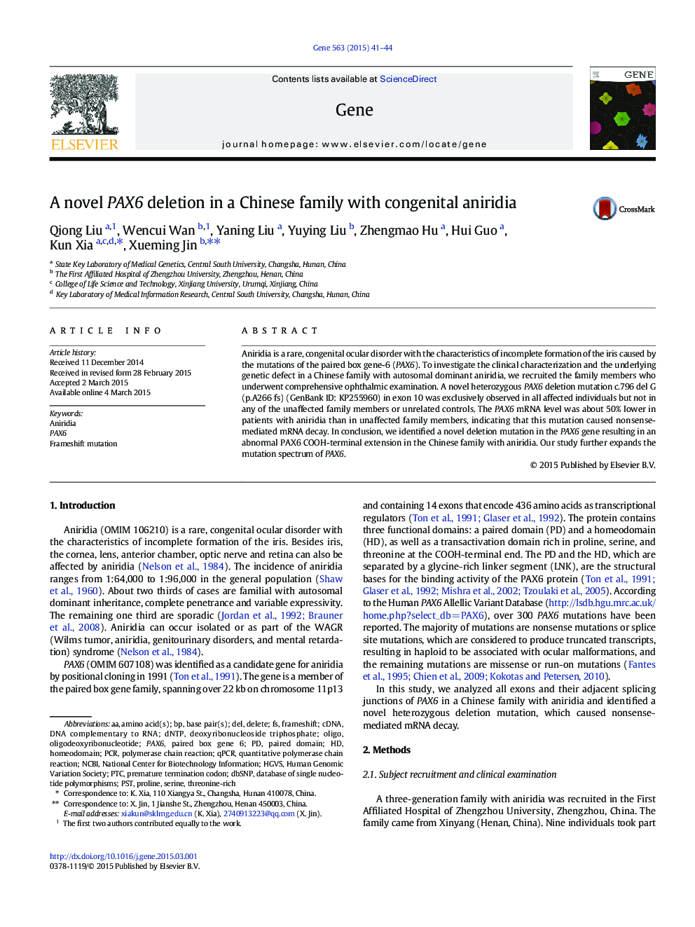 A novel PAX6 deletion in a Chinese family with congenital aniridia