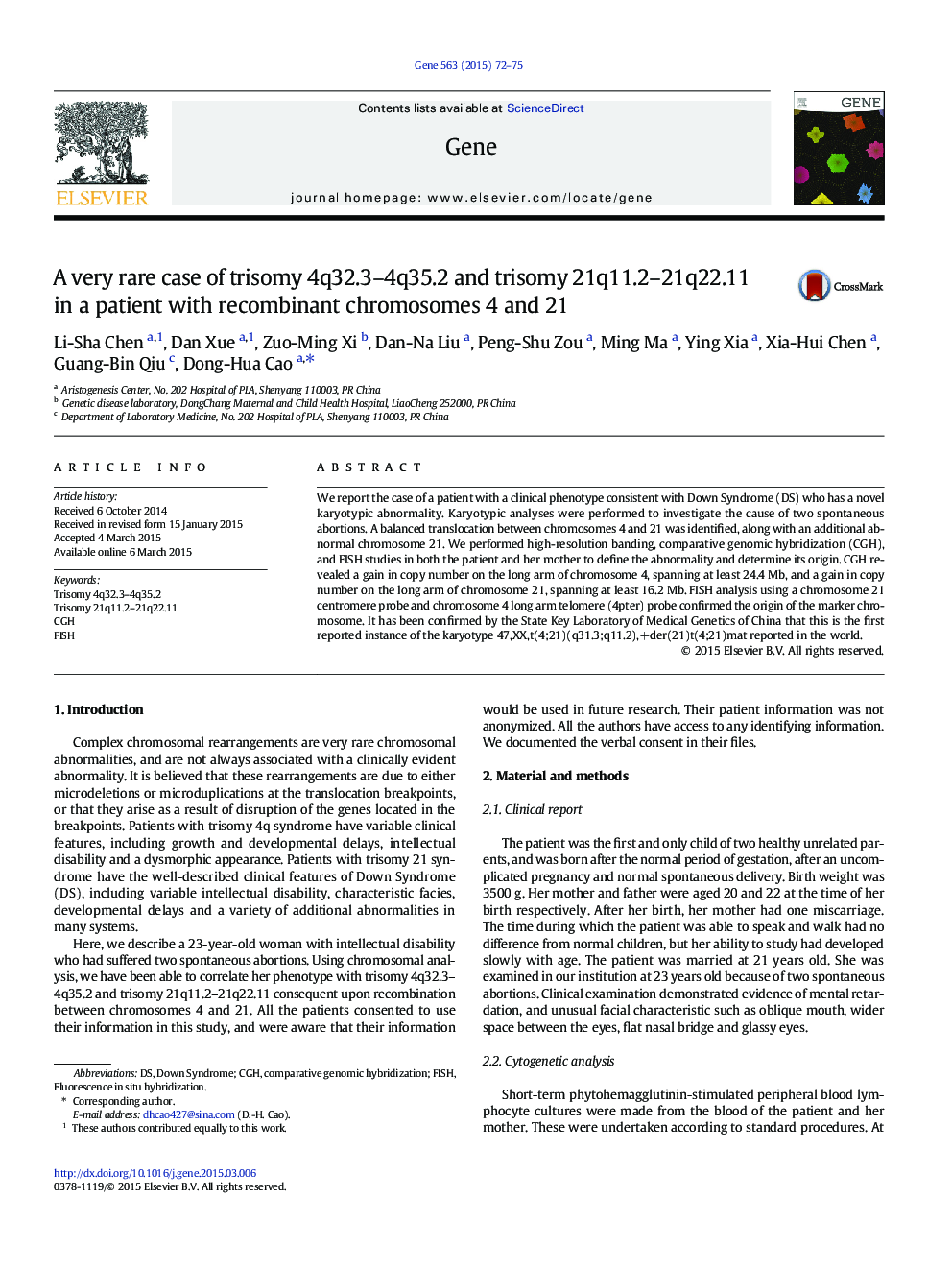 A very rare case of trisomy 4q32.3-4q35.2 and trisomy 21q11.2-21q22.11 in a patient with recombinant chromosomes 4 and 21