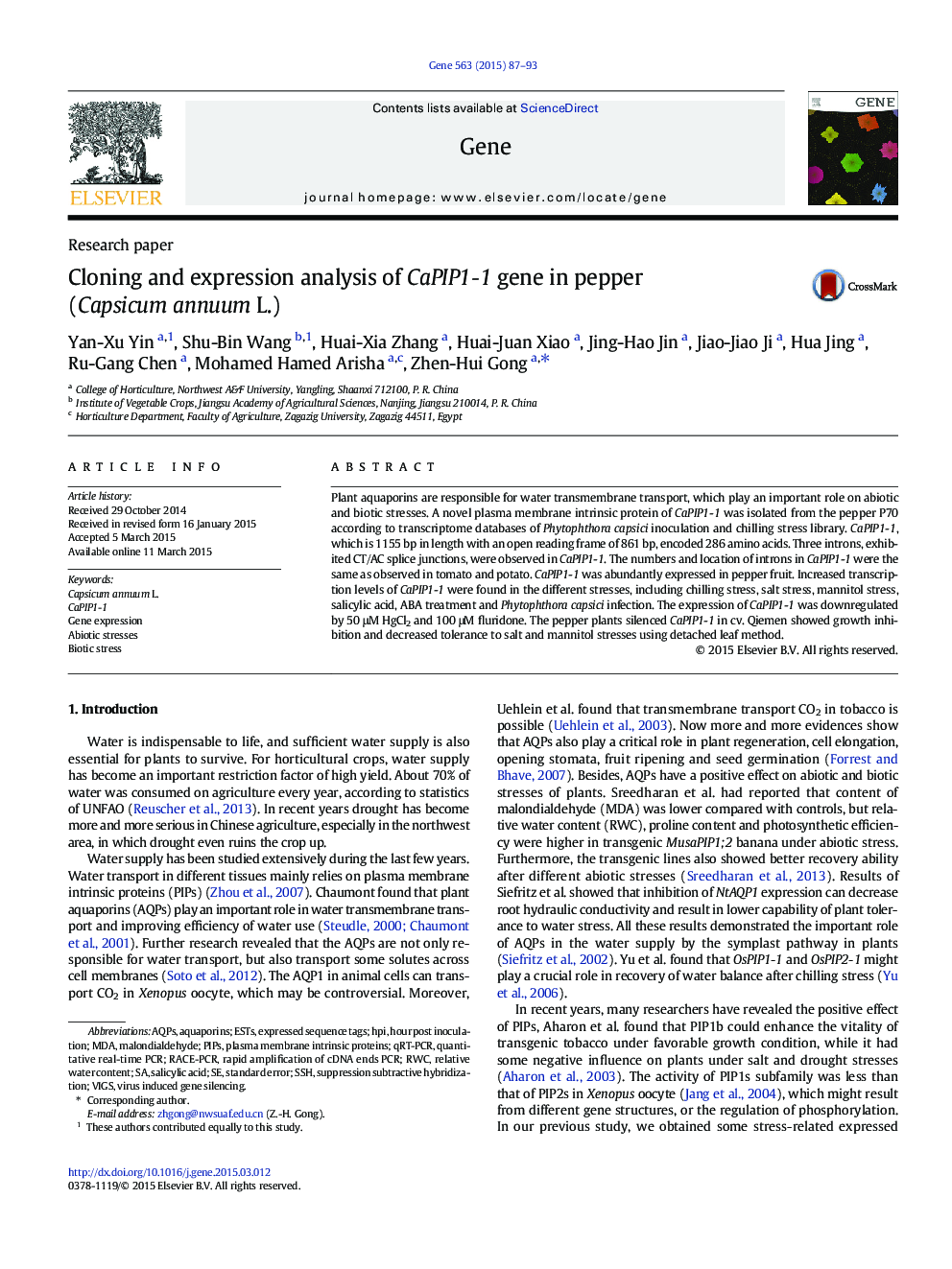 Cloning and expression analysis of CaPIP1-1 gene in pepper (Capsicum annuum L.)