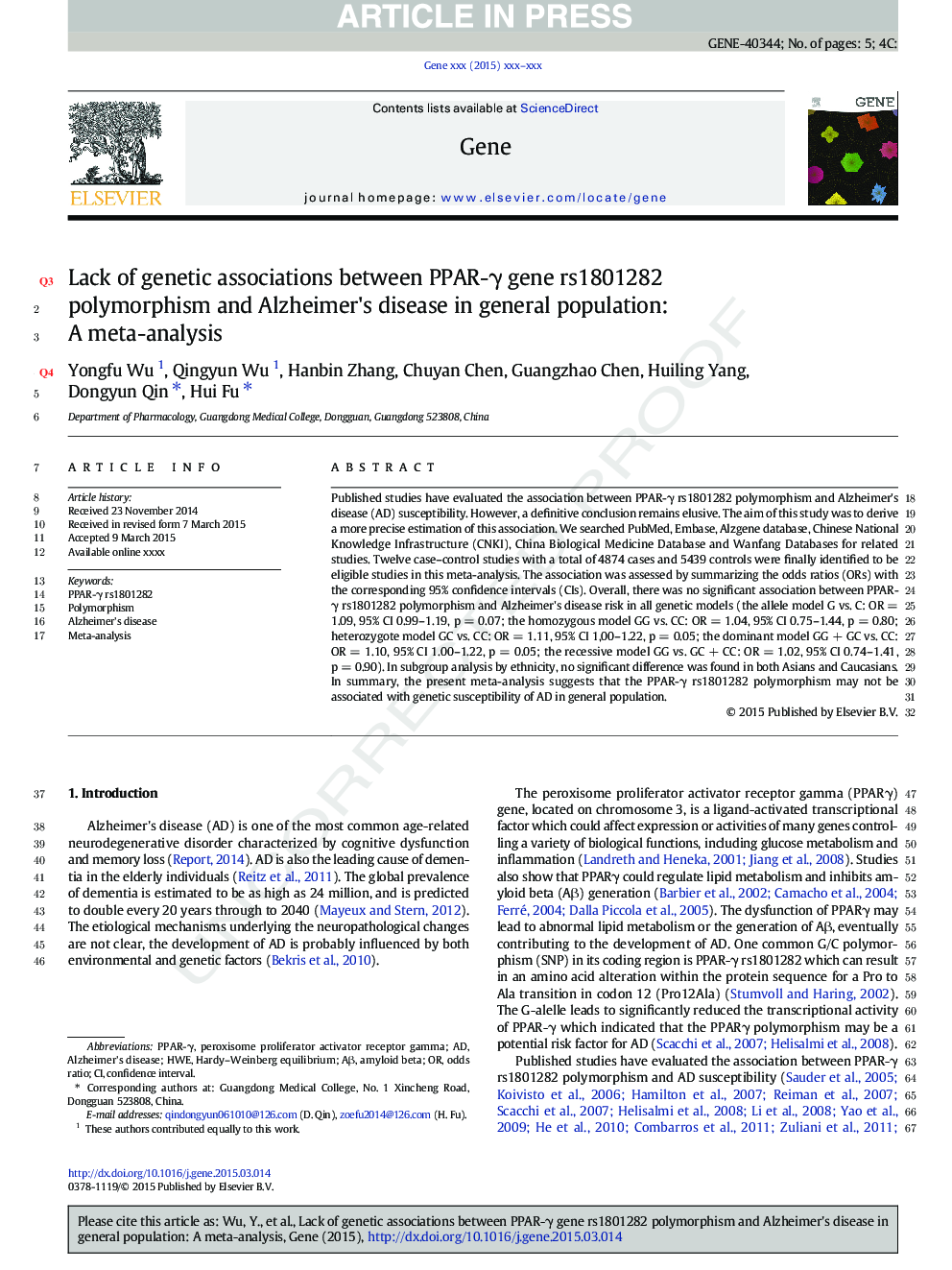 Lack of genetic associations between PPAR-Î³ gene rs1801282 polymorphism and Alzheimer's disease in general population: A meta-analysis