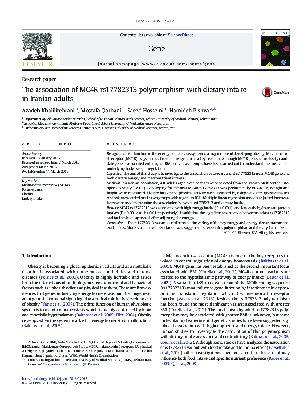 The association of MC4R rs17782313 polymorphism with dietary intake in Iranian adults