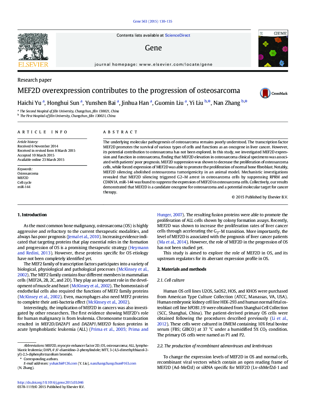 Research paperMEF2D overexpression contributes to the progression of osteosarcoma