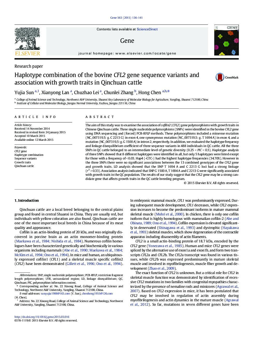 Haplotype combination of the bovine CFL2 gene sequence variants and association with growth traits in Qinchuan cattle