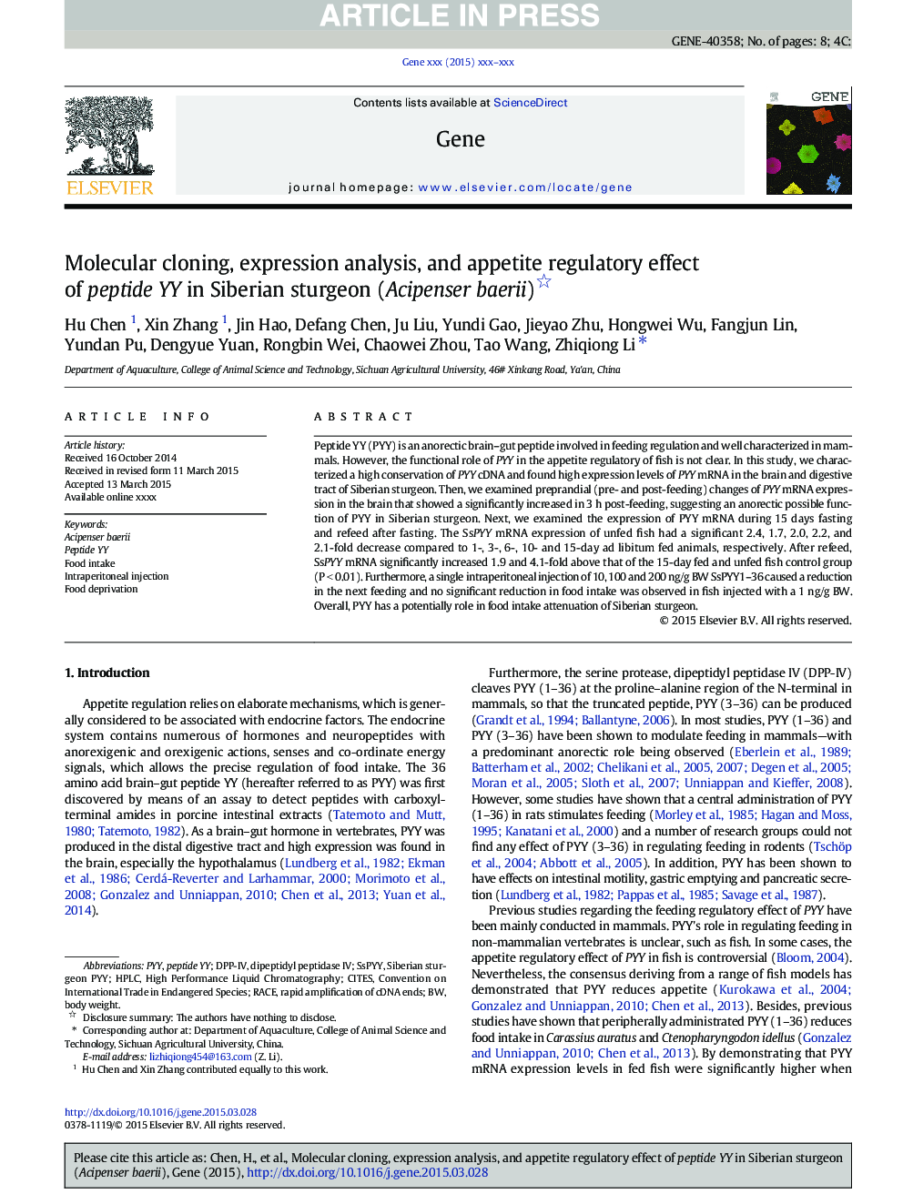Molecular cloning, expression analysis, and appetite regulatory effect of peptide YY in Siberian sturgeon (Acipenser baerii)