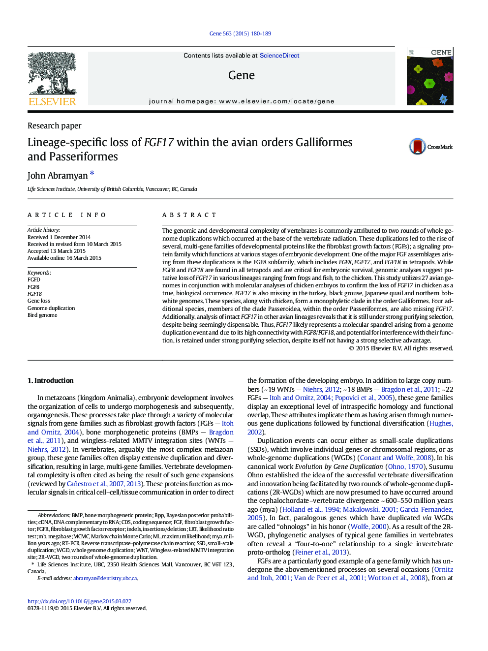 Lineage-specific loss of FGF17 within the avian orders Galliformes and Passeriformes