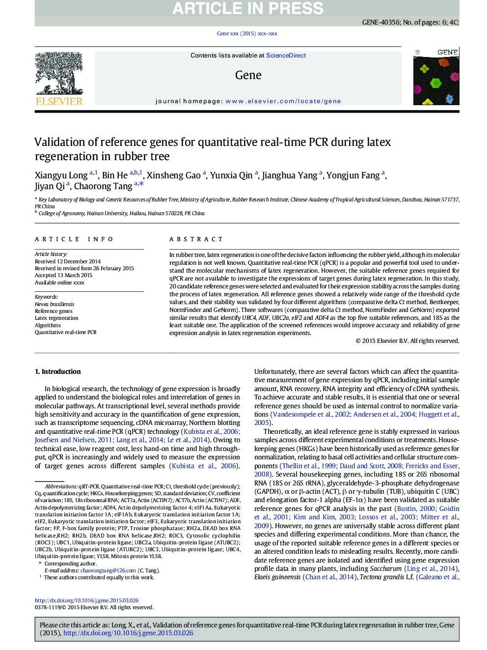 Validation of reference genes for quantitative real-time PCR during latex regeneration in rubber tree