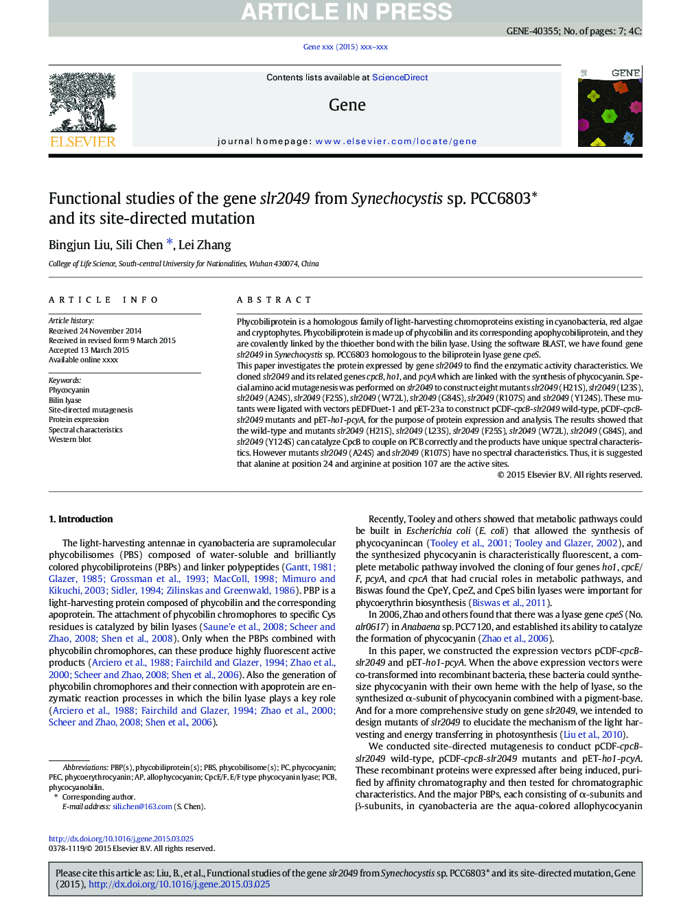 Functional studies of the gene slr2049 from Synechocystis sp. PCC6803* and its site-directed mutation