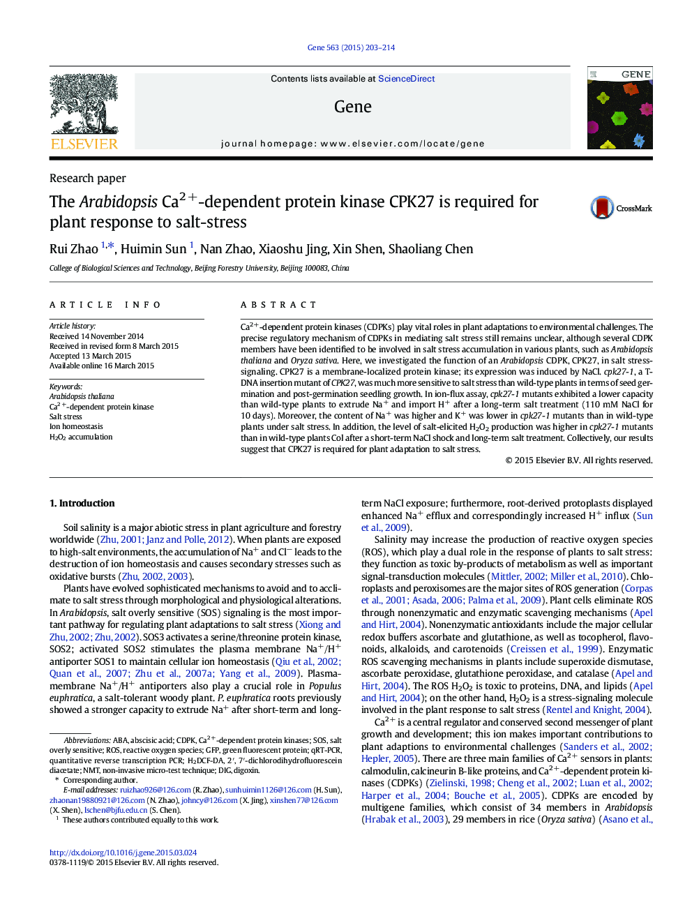 The Arabidopsis Ca2Â +-dependent protein kinase CPK27 is required for plant response to salt-stress