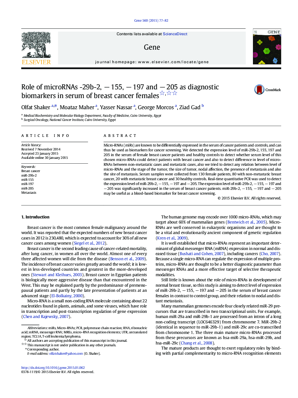 Role of microRNAs -29b-2, â 155, â 197 and â 205 as diagnostic biomarkers in serum of breast cancer females