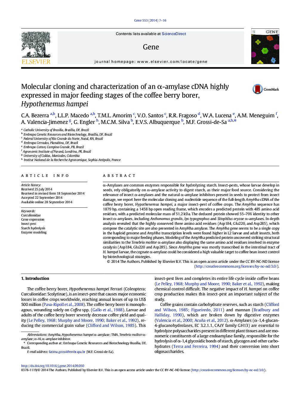 Molecular cloning and characterization of an Î±-amylase cDNA highly expressed in major feeding stages of the coffee berry borer, Hypothenemus hampei