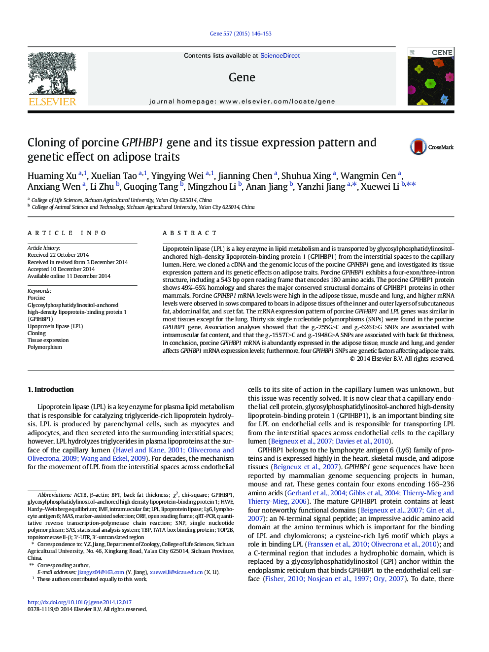 Cloning of porcine GPIHBP1 gene and its tissue expression pattern and genetic effect on adipose traits
