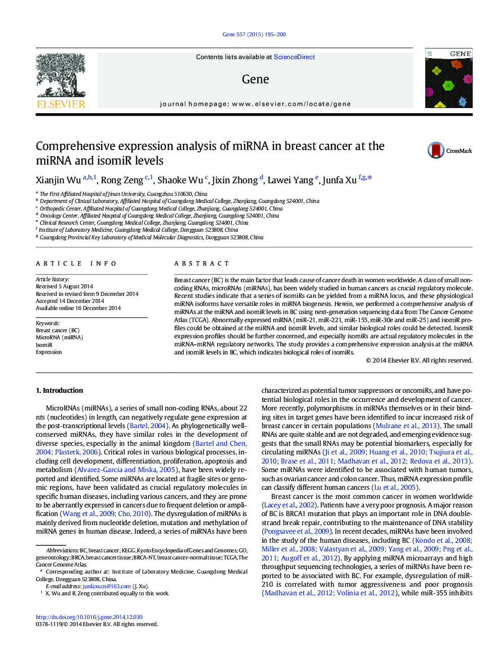 Comprehensive expression analysis of miRNA in breast cancer at the miRNA and isomiR levels