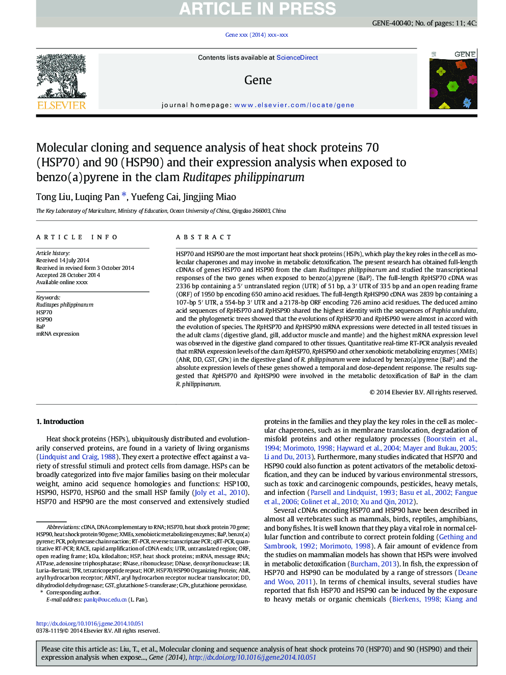 Molecular cloning and sequence analysis of heat shock proteins 70 (HSP70) and 90 (HSP90) and their expression analysis when exposed to benzo(a)pyrene in the clam Ruditapes philippinarum