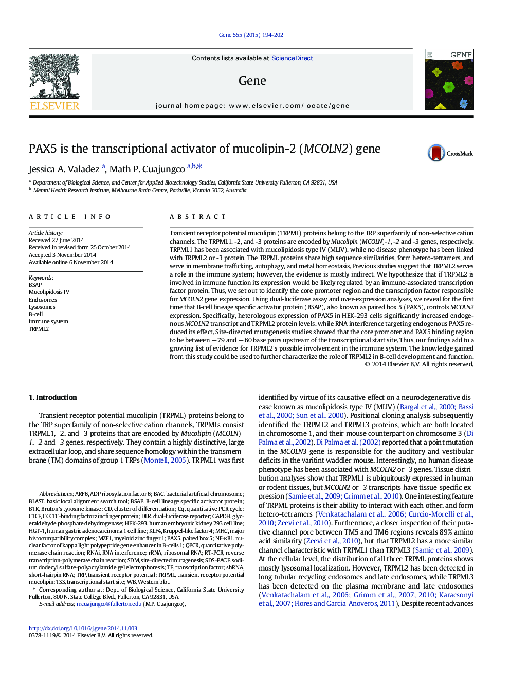 PAX5 is the transcriptional activator of mucolipin-2 (MCOLN2) gene